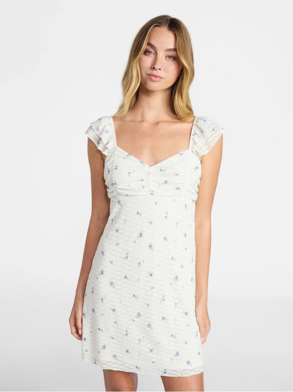 White Floral Ruched Mini Dress
